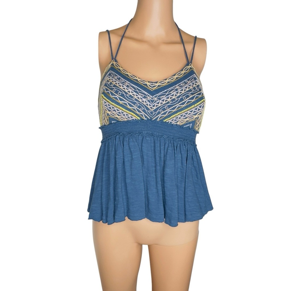 Free People Blue Embroidered Smocked Peplum Tank Top Halter‎ Neck S